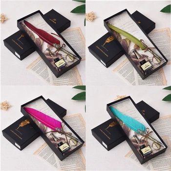 

Vintage Handmade Feather Quill Dip Fountain Pen with Ink English Calligraphy Writing Stationery Wedding Gift C26