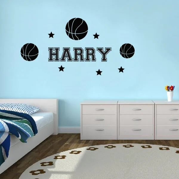 personalise name with basketballs 5 stars removable vinyl wall