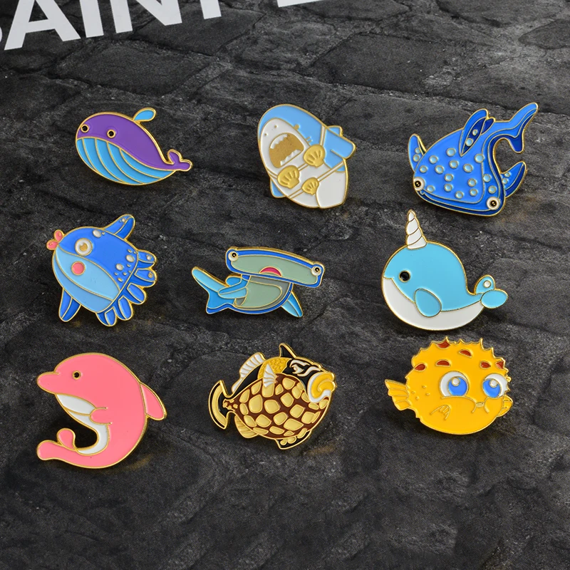 

Cartoon Fish Brooch Whale Shark Puffer fish Octopus Dolphin Pins Badge Jacket Coat Backpack Accessories Marine life Jewelry Gift