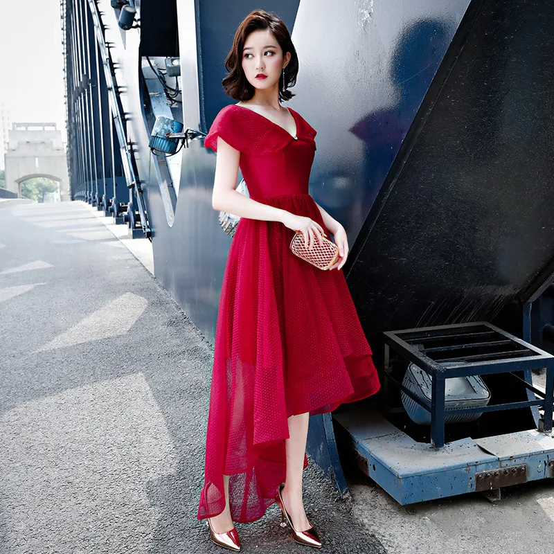 

Formal Prom Dress V-neck Short Sleeves Plus Size Red Party Gowns Elegant Lace Up Illuesion High Low Length Cocktail Dresses E384