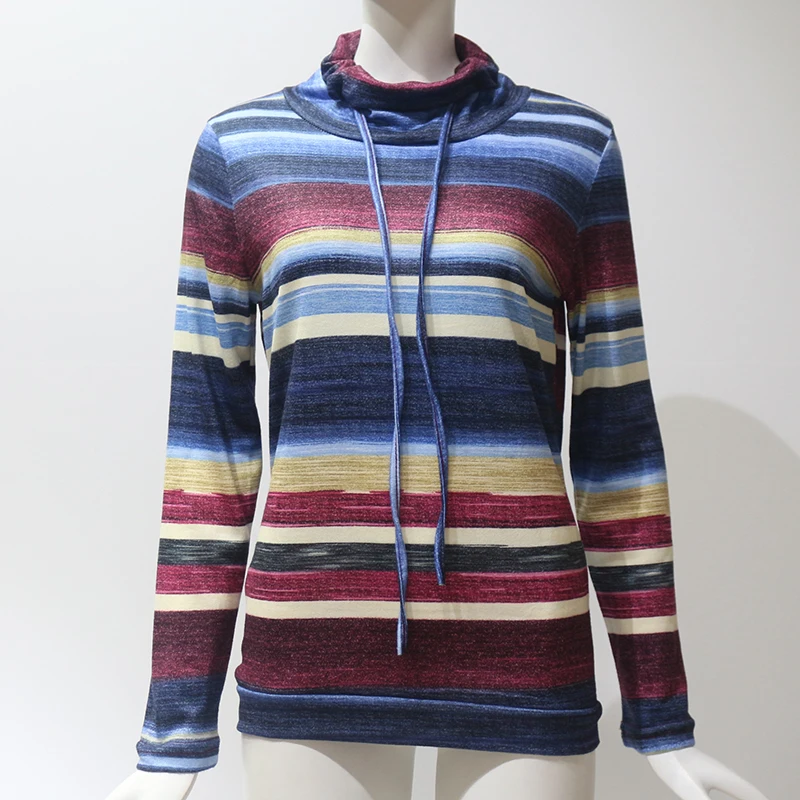 

Autumn Winter Long Sleeve Hoody Turtleneck Hoodies Women Striped Multicolor Casual Pullover Lace Up Knitted Hood Tunic