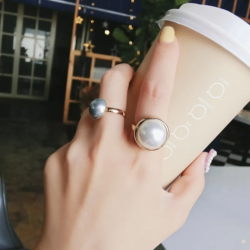 

Korean Custom Vintage Semi-Circular Ring With Simulated Pearl Beads Free Size Opening Finger Rings For Women Jewelry 2 pcs/set