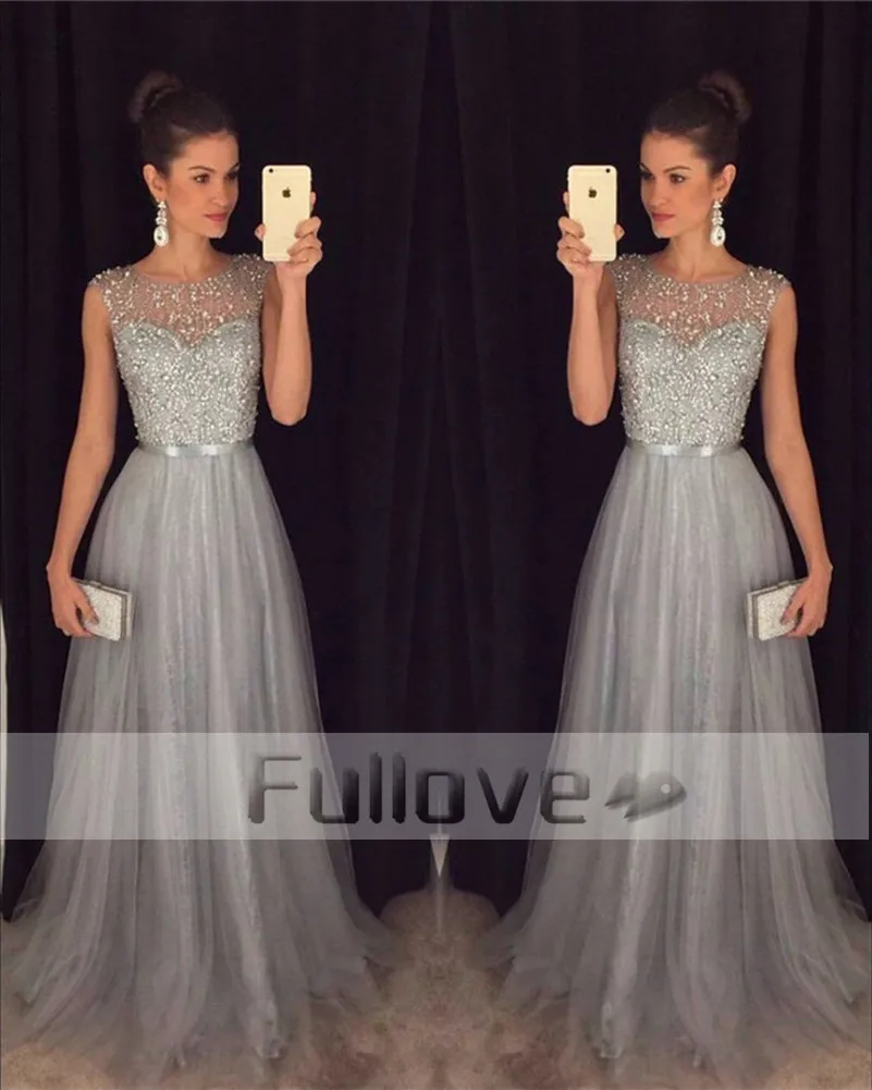 long prom dresses Shining Silver Beaded Crystal Prom Dress 2019 Luxury Sheer A-Line Formal Party Dresses Prom Gowns Vestido De Festa Abendkleider simple prom dresses Prom Dresses