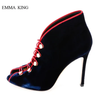 

Botines Mujer Velvet Peep Toe Elastic Band Buckle Ankle Boots for Women High Heels Summer Autumn Stilettos Party Women's Shoes