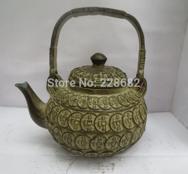 

Collectible Chinese old bronze carved money coin teapot /flagon Chinese pot fast Shipping