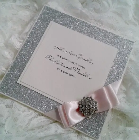  Handmade Glittering Wedding Invitation Cards with Satin Ribbon Bow and Silver Rhinestone CA0646 - 32761244500