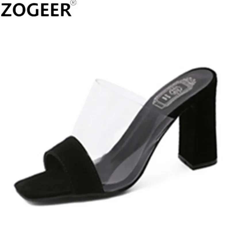 

Summer Leisure Thick High Heel Slippers Women Fashion Transparent Sandals Sexy Black White Slides Causal Flip flops Shoes Woman
