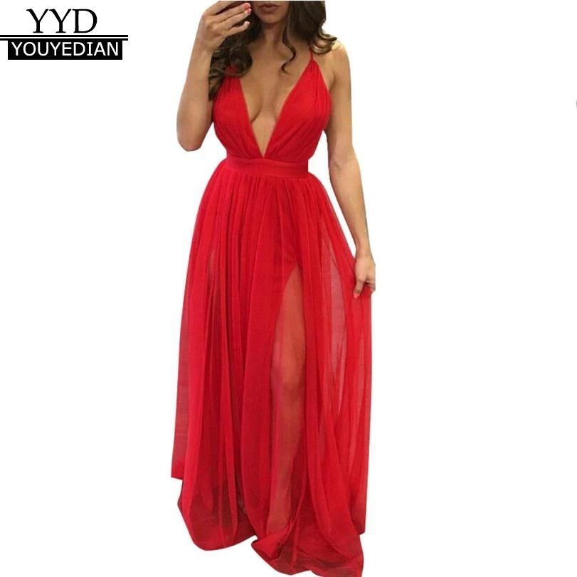 

Sexy Dresses 2017 Evening Deep V Neck Backless Party Dresses See Throught Split Sleeveless Slip Maxi Drees Long Gowns Vestidos