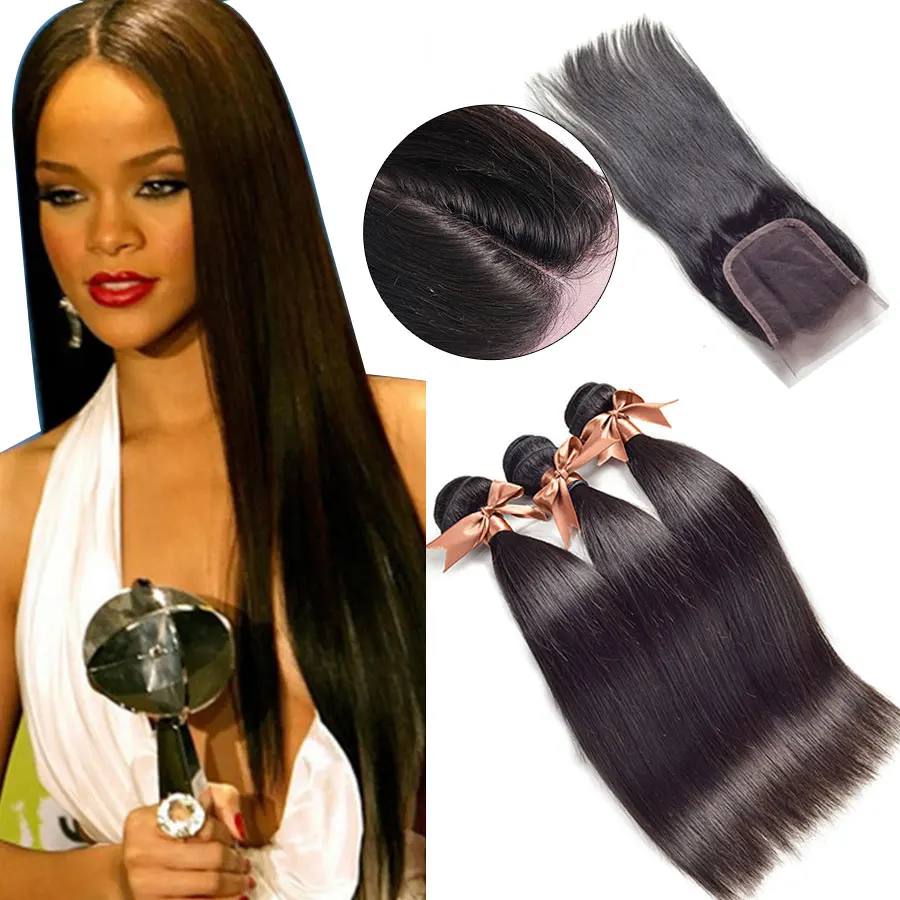 Peruvian Virgin Hair with Closure 3 Bundles with Closure Human Hair with Closure 7A Peruvian Virgin Hair Straight with Closure