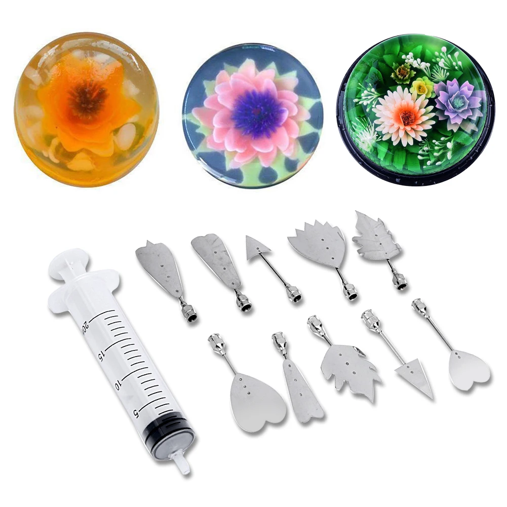 

10pcs/set Pudding Nozzles 3D Jelly Art Tools Leaf Flower Shape Mold Cake Jello Pudding Syringe Set Russian Nozzles Dessert Tool