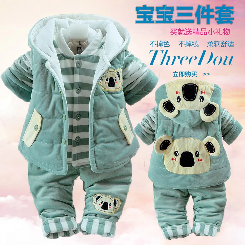 

2018 Winter 3 Pcs Sets Baby Infant Thick Cotton-Padded Clothes Newborn Clothing Suit Boys Cartoon Hooded Vest Coat Tops Pant A