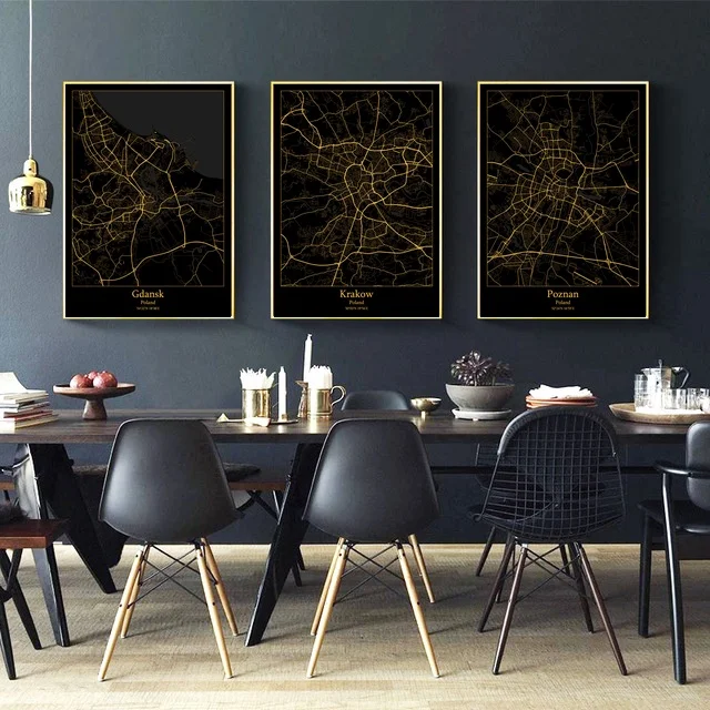 

Gdansk Krakow Poznan Warsaw Wroclaw Poland City Map Black and Gold Map Canvas Art Print Wall Pictures for Living Room No Frame