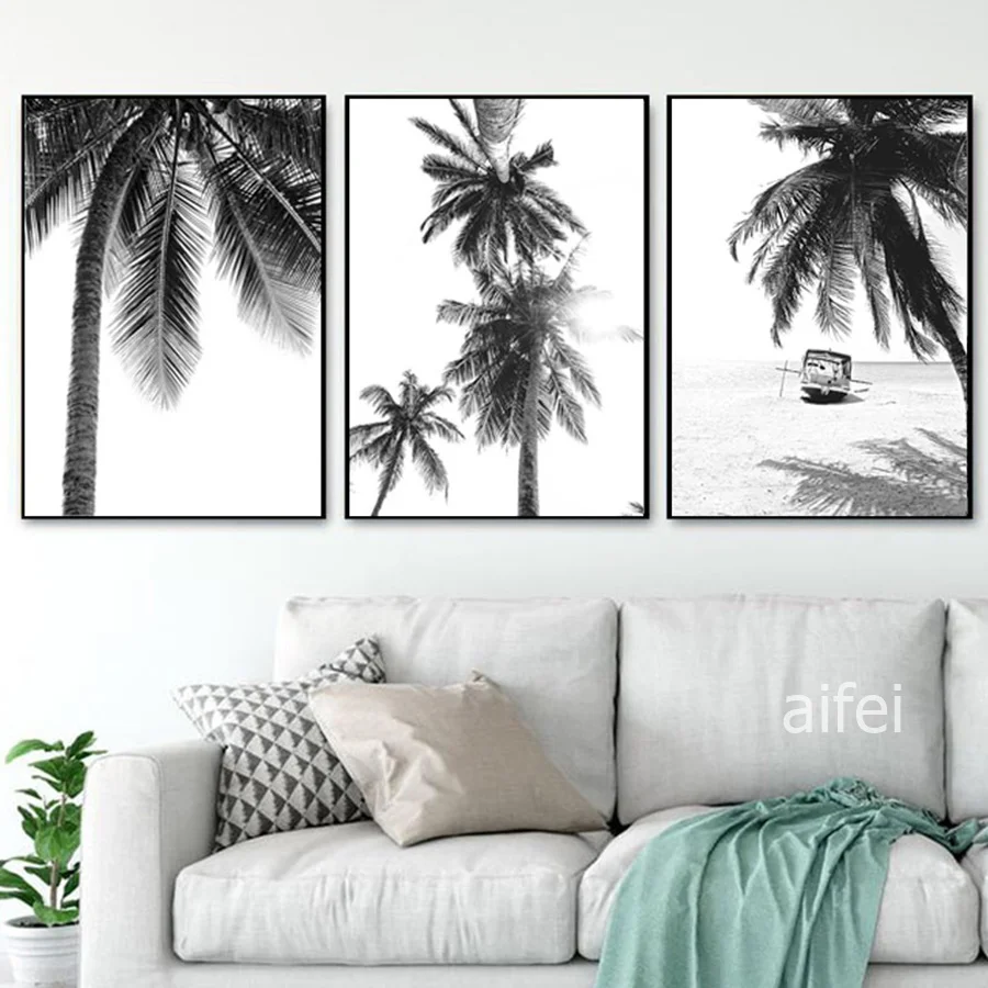 

Nordic Tropical Palm Tree Canvas Painting Black White Beach Poster Print Landscape Wall Art Picture For Living Room Home Decor