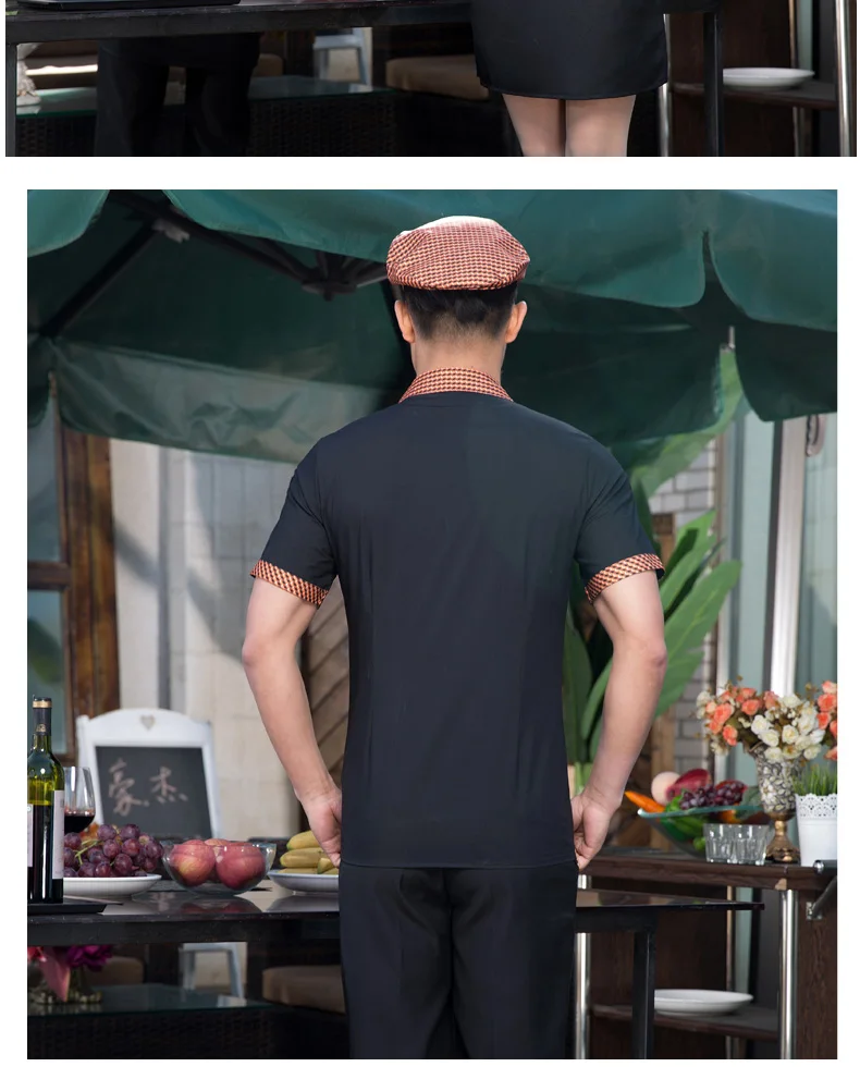 Китайская униформа официанта, отельная одежда для официанта, летние топы официанта для мужчин и женщин, одежда для работы в отеле, рубашка, Униформа с фартуком 9