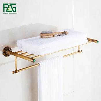 

FLG Bathroom Shelves Antique Brass Wall Shelf Towel Rack Bath Holder Towel Hangers Rack Carve Bathroom Accessories Towel Bars