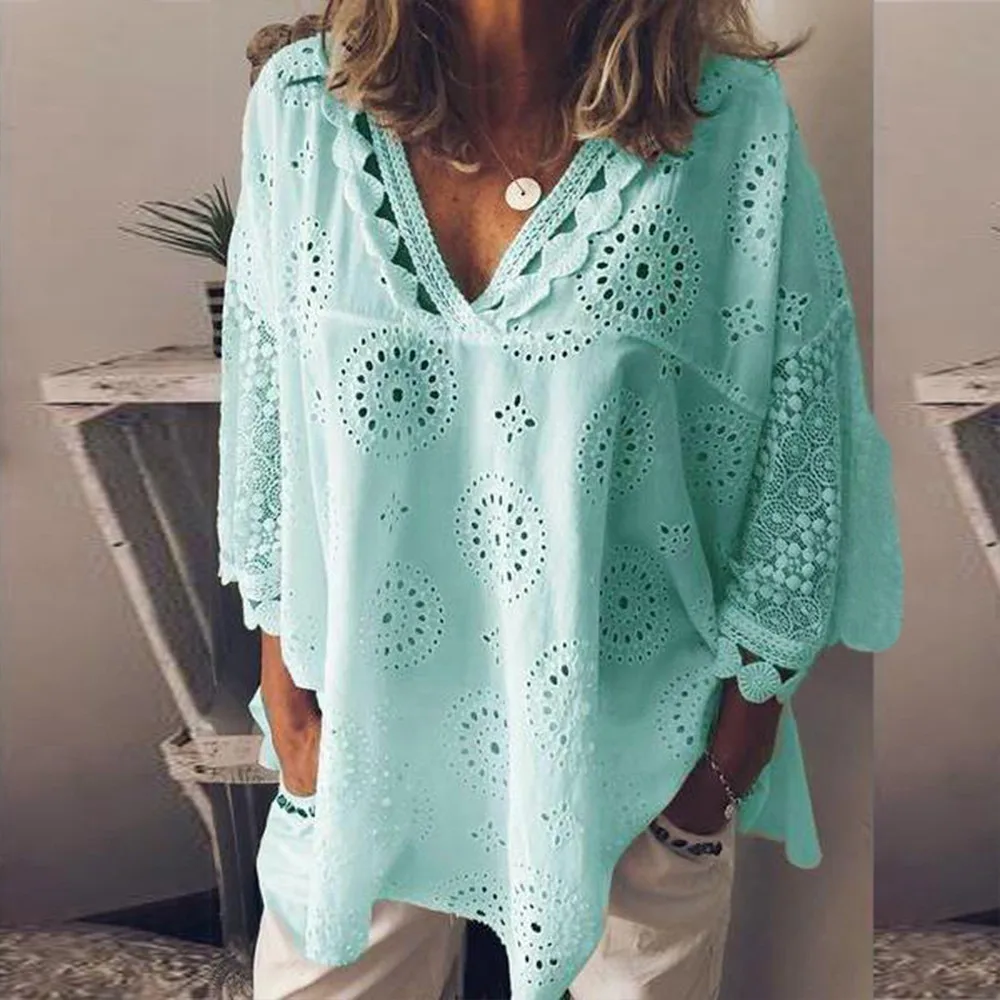 5XL размера плюс Топы кружевные лоскутные Женские топы и блузки с длинным рукавом рубашки с v-образным вырезом летняя блузка с геометрическим рисунком