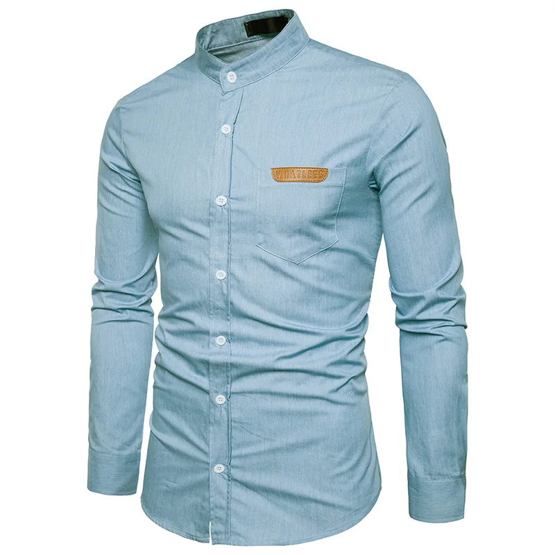 Light Blue Мужская джинсовая рубашка, новинка, брендовая мужская джинсовая рубашка, Повседневная Хлопковая мужская одежда, рубашки с длинным рукавом, приталенная рубашка Хенли, Chemise Homme - Цвет: Light Blue
