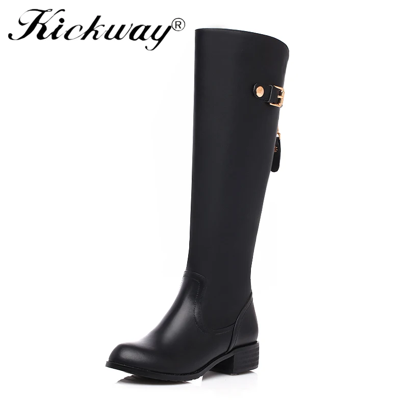 

Kickway Women Winter Thick med Heel Knee High Boots Fashion Buckle Platform Side Zipper Round Toe Shoes Woman plus size 34-46
