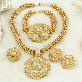 

Liffly Fashion Dubai Gold Jewelry Sets for Women African Wedding Big Necklace Flower Bracelet Bridal Jewelry Set