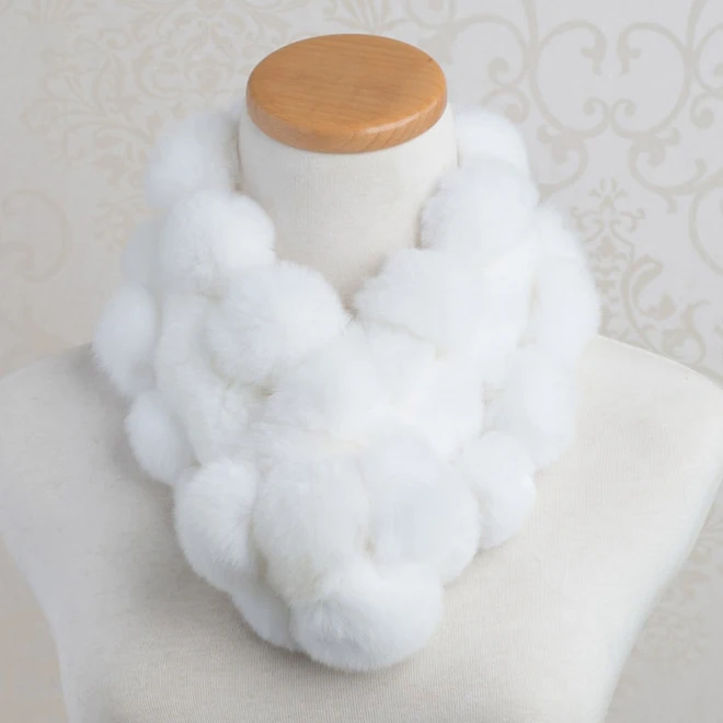 

natural knitted rabbit fur scarf with pompoms genuine fur stole for women skin shawls lady real fur wraps winter warm neck wear