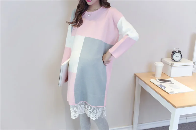 Зимние кружевные платья для беременных женщин контрастного цвета; повседневная одежда для беременных; Свободный вязаный свитер до колена с длинным рукавом