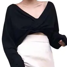 Womens Long Batwing Sleeve Crop Top Solid Color Deep V-Neck Cross Wrap Bikini Cover Up Sexy Off The Shoulder Low Cut Backless Lo pink simple low cut v neck bikini top