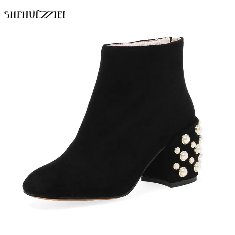 

SHEHUIMEI Women Kid Suede Boots Sexy Fashion Short Work Boots Women's Fashion Winter Ankle Zipper Pearl Boots Shoes Woman 34-43