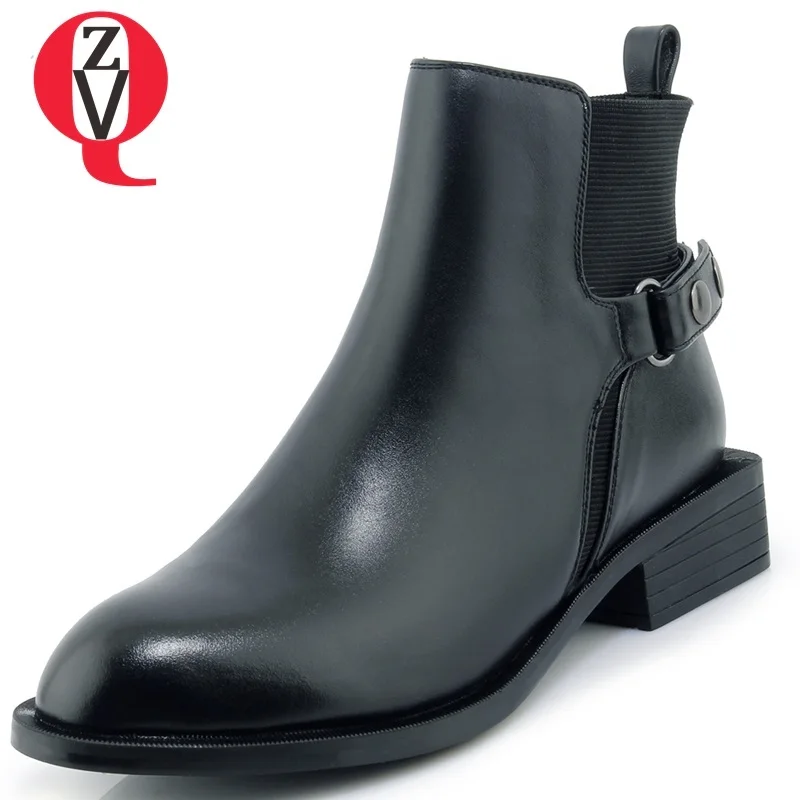

ZVQ shoes women new concise casual low square heel black slip-on buckle round toe genuine leather heel height 3 cm ankle boots