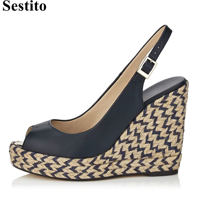 

Black Concise Buckle Weaving Wedges Casual Shoes Summer Peep Toe Platform Women Sandals Slip-on High Heels Gladiator Women Shoes