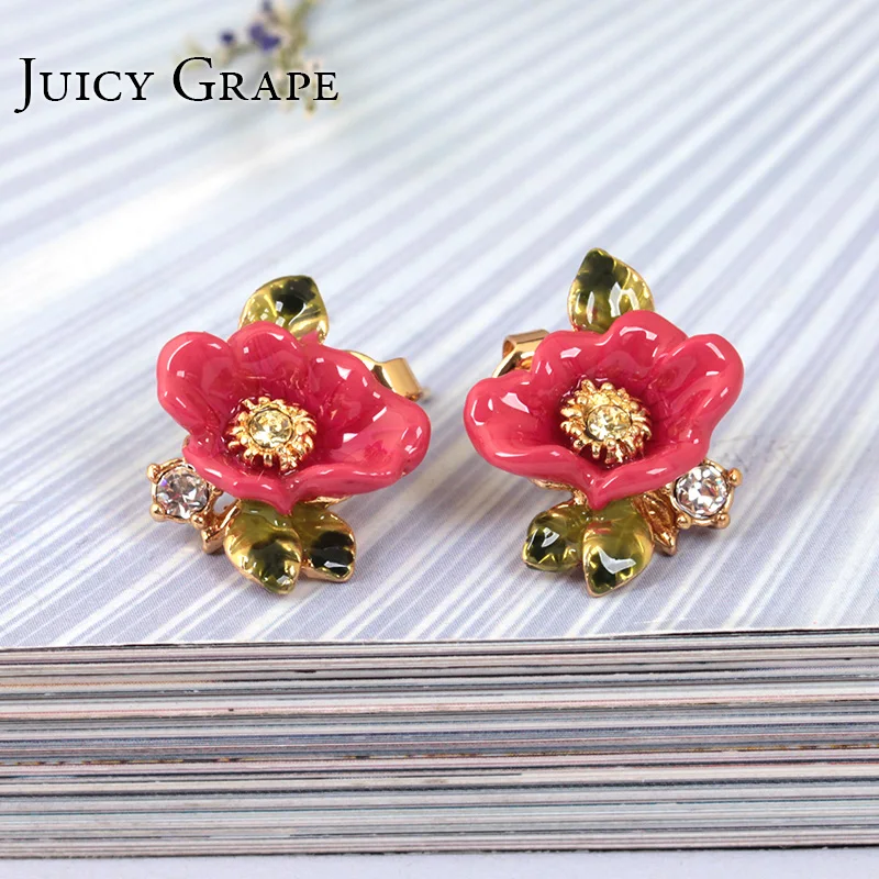 

Boho Fashion Enamel Pink Flower Crystal Leaf Gold Woman 925 Silver Needle Prevent Allergy Earring Jewellery Oorringen Oorbel