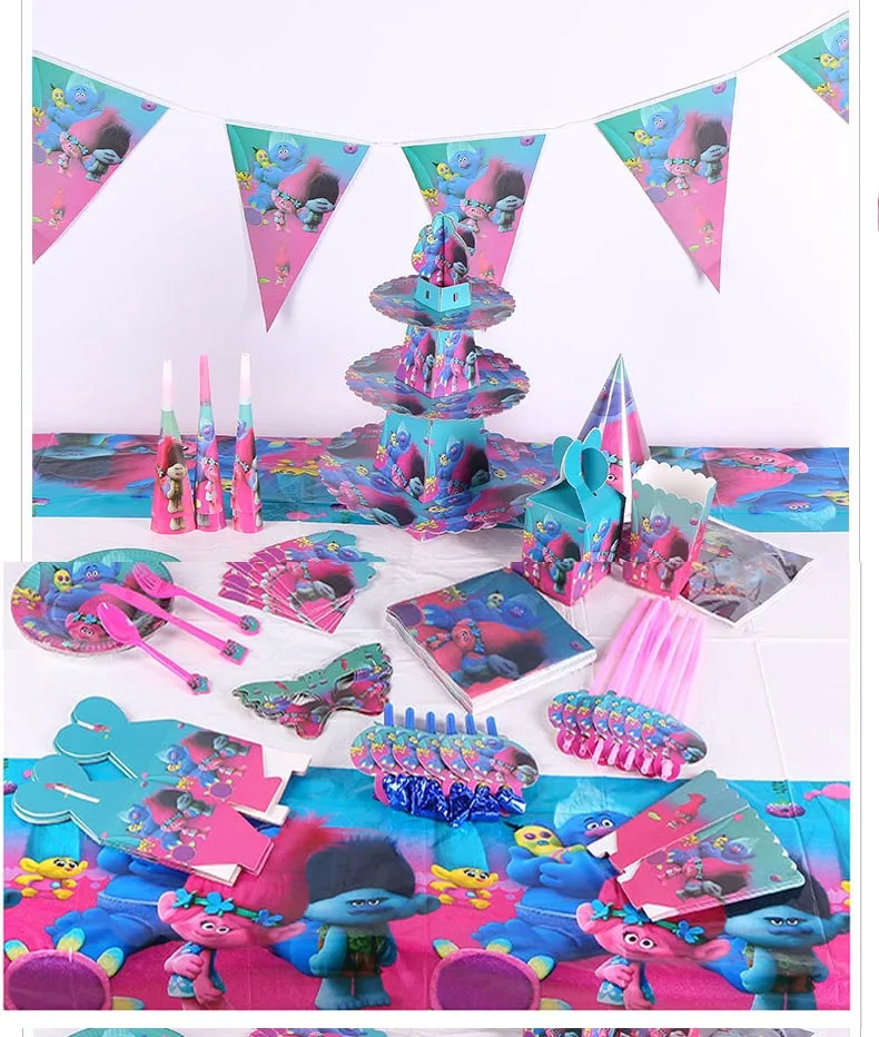 

82pcs trolls themed birthday party decorations Disposable tableware plates cups banner baby shower supplies event party favors