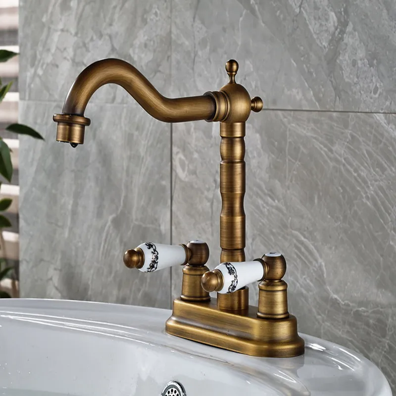 Antique Brass Basin Faucet Ceramic Handles 4