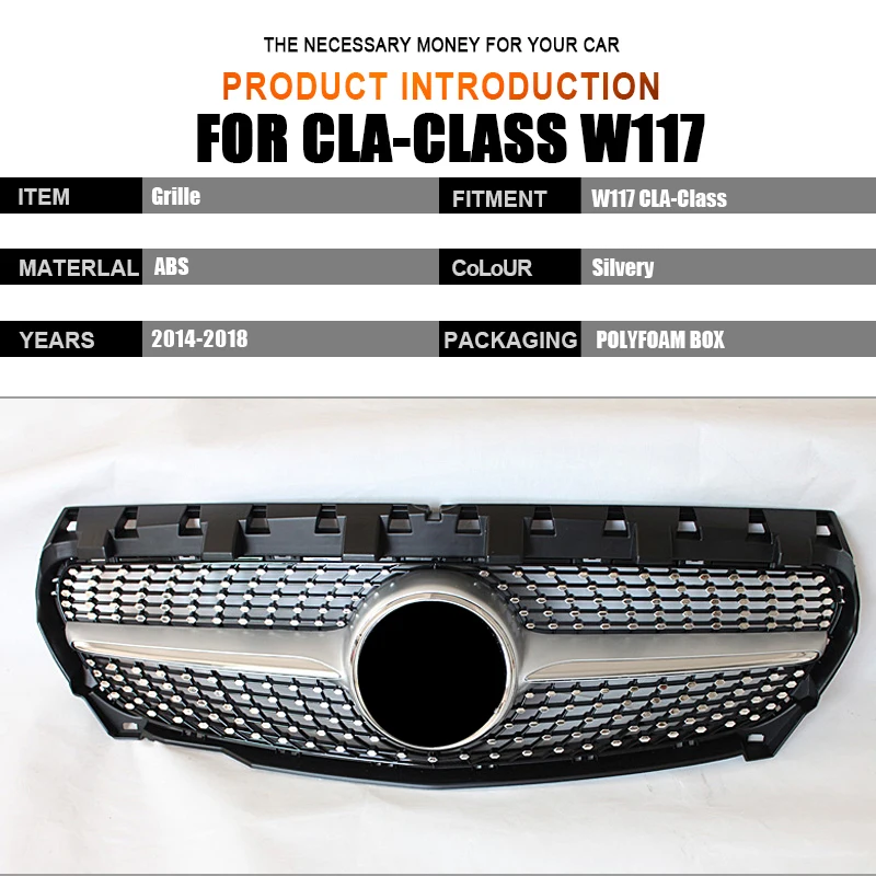 W117 Алмазная Передняя решетка ABS серебро для merceesmb CLA класс Cla180 Cla200 Cla250 Cla45 без знака