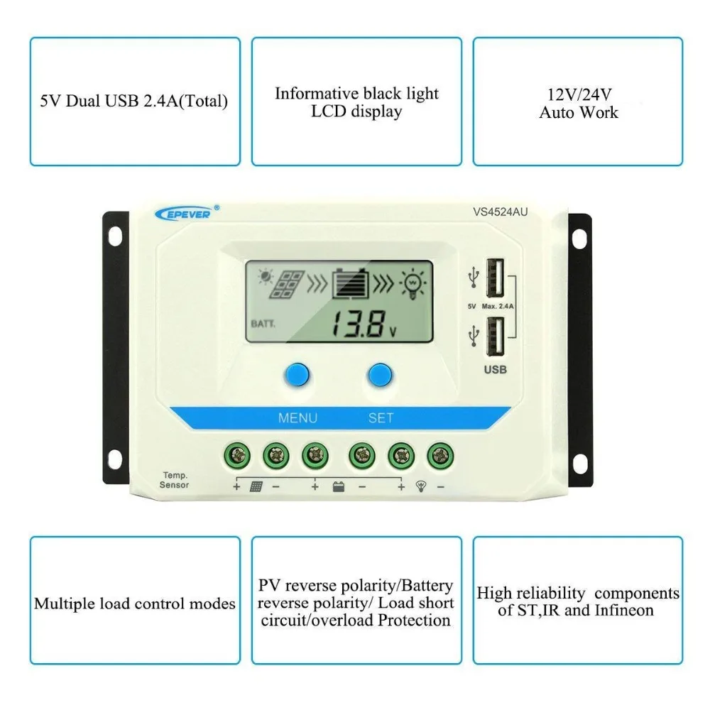 EPever 10A 20A 30A 45A 60A за максимальной точкой мощности, Солнечный Контроллер заряда 12V 24V Авто VS1024AU VS 2024AU VS3024AU VS4524AU VS6024AU PWM rregulators