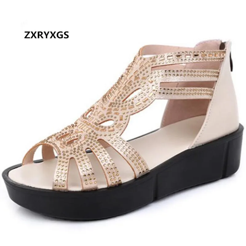 

Newest High End Elegant Fashion Sandals Rhinestone Shoes Genuine Leather Sandals 2019 Summer Platform Shoes Woman Wedges Sandals