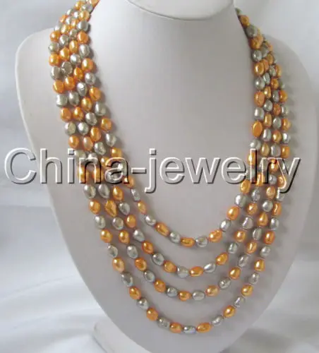 

Beautiful 100" 12mm gray & orange baroque freshwater pearl necklace