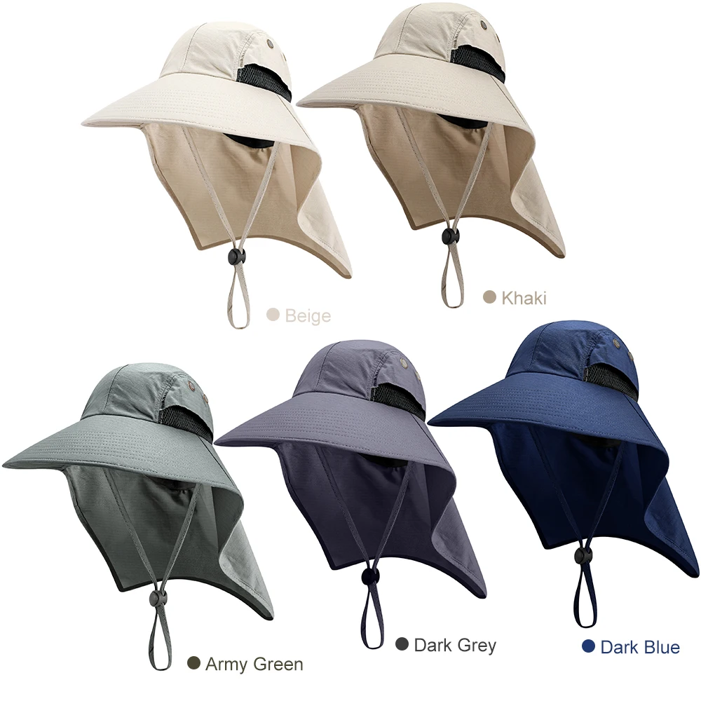 Summer UV Protection Fishing Cap Wide Brim Sun Hat with Neck Flap Adjustable Drawstring for Travel Camping Hiking Boating