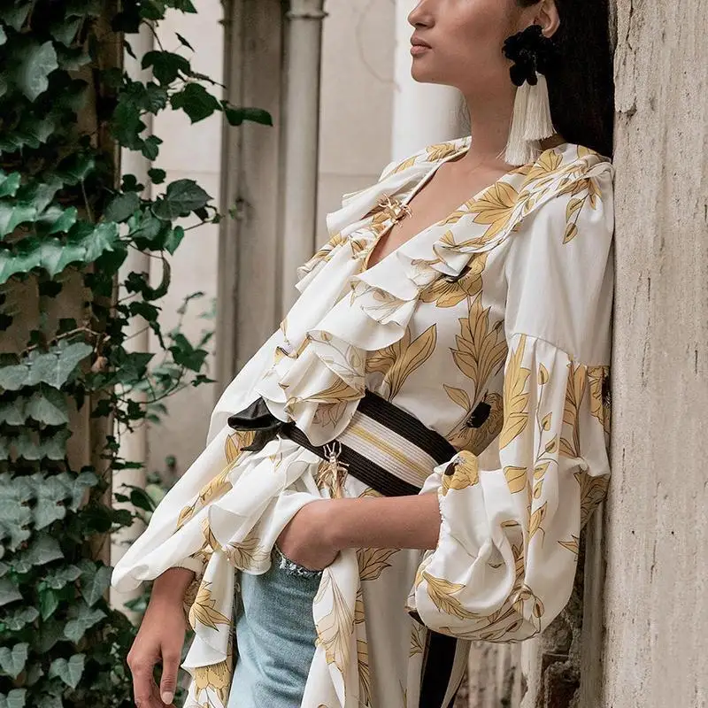 

2019 Summer Tops For Women Blouses Plus Size Print Boho Ruffle Blouse Long Sleeve Korean Fashion Clothing Shirts Ladies Blusas
