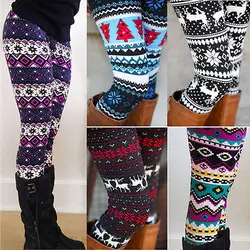 Senhoras inverno quente natal flocos de neve leggings algodão malha