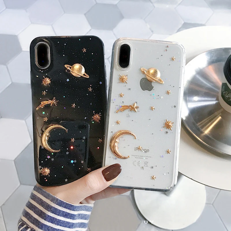 

Bling Glitter silicon phone Cases for iphone X case 3D Space planet Moon phone Case For iphone 6 6s 7 8 plus XR XS Max