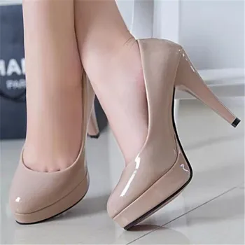

Fashion Mature Women Pumps Classic Patent Leather High Heels Shoes Nude Sharp Head Paltform Wedding Women Dress Shoes Plus 34-42