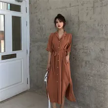 Корейское летнее платье, женская одежда, свободный костюм, воротник с Боковым Разрезом, половина рукава, повседневные пляжные платья, пояс на талии, миди платье для женщин