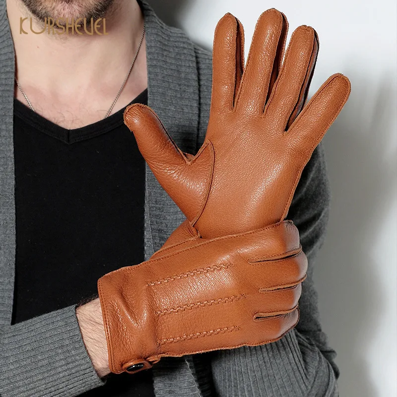 Новинка, высококачественные мужские кожаные перчатки из оленьей кожи, Роскошные зимние кашемировые теплые перчатки для вождения
