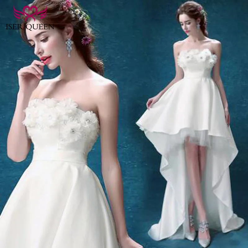 

ISER QUEEN Strapless 3D Floral Appliques Low/High Short Beach Wedding Dresses 2019 Sweep Train Satin Princess Bridal Gown WX0091