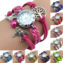 Popular More Colors Vintage Life Tree Birds Charm Leather Plaited Bracelet Watches NO181 5UVC