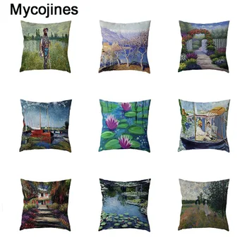 

White Cushion Cover Famous Monet Portrait Red Lotus Landscape Painting Car Seat Home Living Room Sofa Decorating Pillow Case
