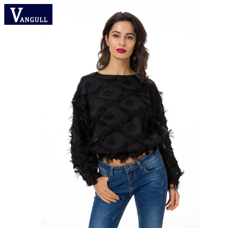 Vangull Fringe Patch Mesh Top Sexy Spring Autumn Womens Tops and Blouses Black Long Sleeve Round Neck Elegant Womens Tops