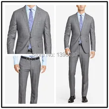 Высокое качество шерсть изготовленный на заказ серый плед тупым отворотом двойной вентиляционный две кнопки из двух частей современные костюмы для мужчин