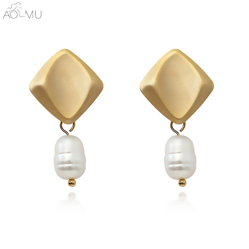 

AOMU Vintage Matte Metal Gold Silver Geometric Irregular Square Natural Freshwater Pearl Long Drop Earrings for Women Girl