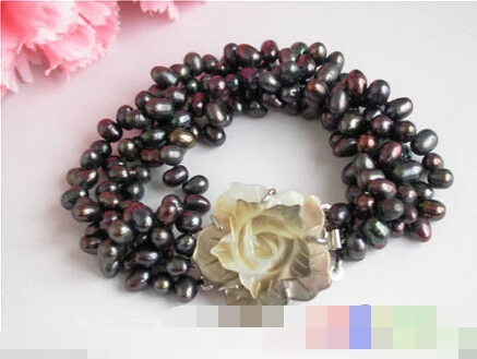 

FREE SHIPPING>>>@@ > 01206 4Strands 8" baroque black rice Freshwater pearl bracelet bangle shell